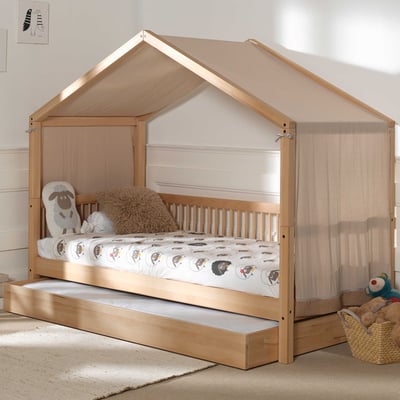 Lit maison Forrest 90x200 avec lit gigogne et tente de lit - bois de hêtre/rose