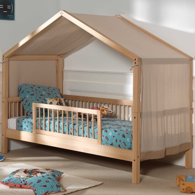 Lit maison Forrest 90x200 avec barrière de lit et tente de lit - bois de hêtre/rose