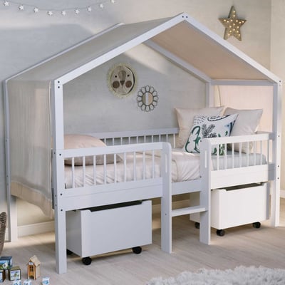 Lit cabane Forrest - 90 x 200cm - avec échelle, boîtes de rangement et voile - bois hêtre - blanc