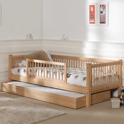 Lit banquette Forrest 90x200cm avec barrière et tiroir de lit - bois de hêtre 