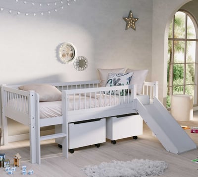 Lit mi-hauteur Forrest - 90 x 200cm - avec toboggan et rangement - bois hêtre massif - blanc