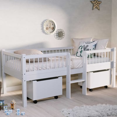Lit mi-hauteur Forrest - 90 x 200cm - avec rangement - bois hêtre massif - blanc