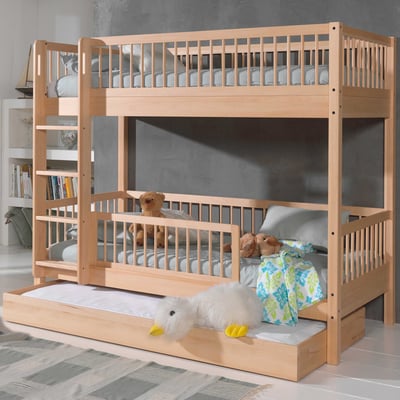 Lit superposé Forrest 90x200cm avec tiroir et barrière de lit - bois de hêtre 