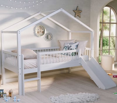 Lit cabane Forrest - 90 x 200cm - avec toboggan - bois hêtre massif - blanc