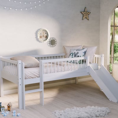 Lit mi-hauteur Forrest - 90 x 200cm - avec toboggan - bois hêtre massif - blanc