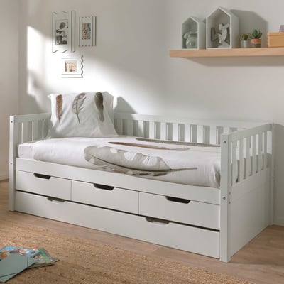 Lit banquette Friedrich 90x200 avec 3 tiroirs et lit gigogne pin - blanc Lit banquette Friedrich 90x200 avec 3 tiroirs et lit gigogne pin - blanc