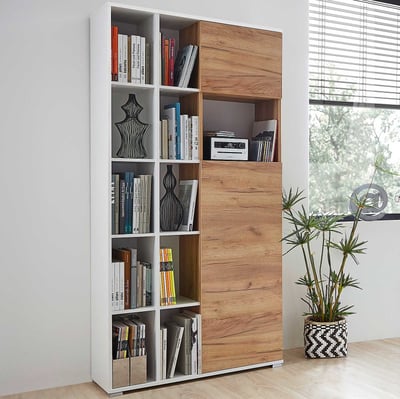 Bibliothèque & armoire de rangement Lloris avec 2 portes - blanc/chêne