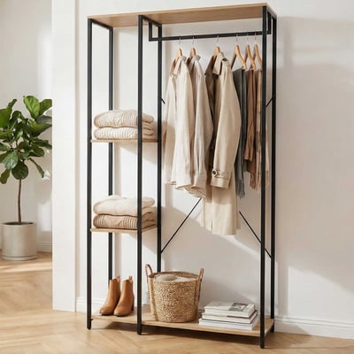 Porte-vêtements Alizee - 90x40x167cm - avec tringle & 2 étagères - chêne/noir