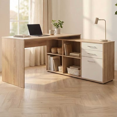 Bureau d'angle Lanzini 2 tiroirs & 1 porte - chêne sonoma/blanc 