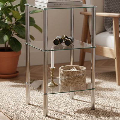 Table d'appoint carrée Bas - 39x39x75 cm - Acier chromé/verre de sécurité