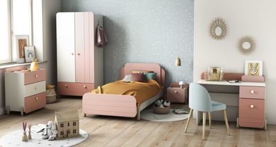Chambre d'enfant Janne: lit 90x190cm, chevet, commode, armoire, bureau - rose/blanc Chambre d'enfant Janne: lit 90x190cm, chevet, commode, armoire, bureau - rose/blanc