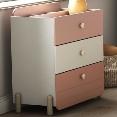 Chiffonnier Janne 3 tiroirs et 4 compartiments de rangement-rose mat/blanc mat