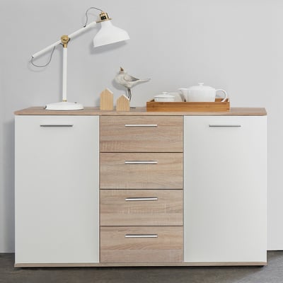 Commode Jakob 120cm 2 portes & 4 tiroirs - chêne sonoma/blanc 