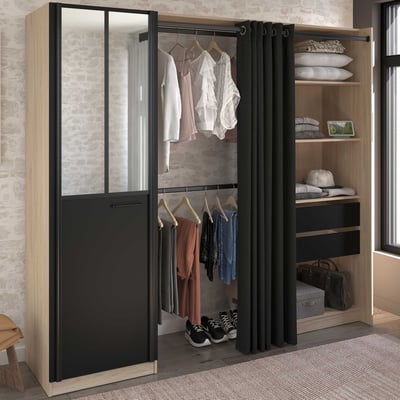 Armoire réglable Kit - avec miroir et rideau - décor chêne/noir