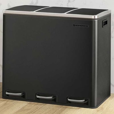 Poubelle de recyclage, 3 compartiments, fermeture douce, bacs avec poignées, noir