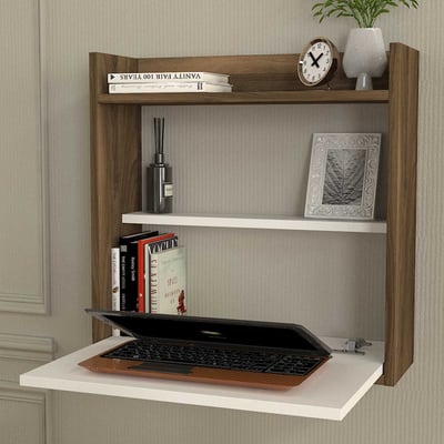 Bureau mural 60x20x60cm - blanc/décor noyer