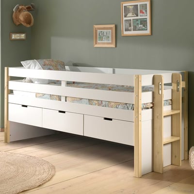 Lit banquette Maggie 90 x 200 avec 3 tiroirs - blanc/bois pin Lit banquette Maggie 90 x 200 avec 3 tiroirs - blanc/bois pin