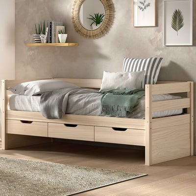 Lit banquette Maggie - avec 3 tiroirs de rangement - 90 x 200cm - bois pin massif - milky pine