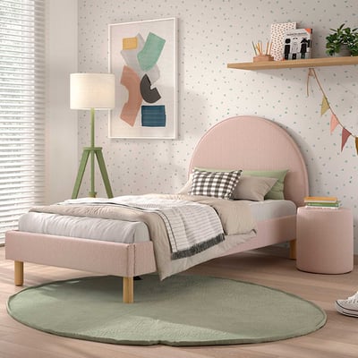 Lit rembourré Maeva 90x200cm avec table de nuit - tissu bouclé rose Lit rembourré Maeva 90x200cm avec table de nuit - tissu bouclé rose