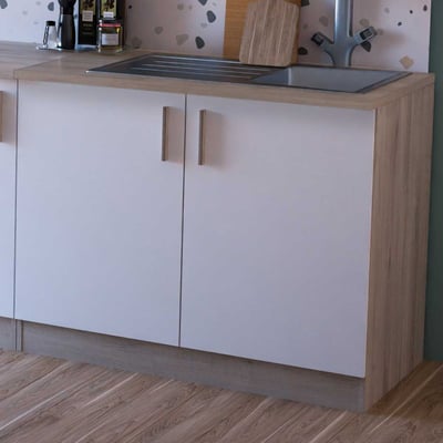 Meuble bas pour évier Romanie 100 cm-2 portes tournantes et 1 étagère-chêne Kronberg/blanc mat