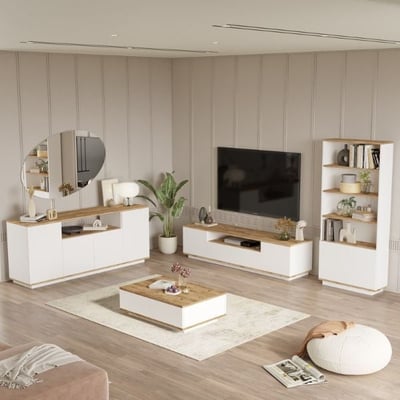 Ensemble salon Woody Fashion | Meuble TV, table basse, bibliothèque et buffet | Atlantic Pine White Ensemble salon Woody Fashion | Meuble TV, table basse, bibliothèque et buffet | Atlantic Pine White