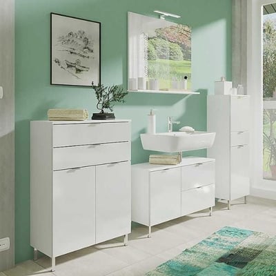 Ensemble de salle de bain Marnick | Meuble lavabo, meuble moyen, meuble colonne, miroir avec éclairage | Blanc Ensemble de salle de bain Marnick | Meuble lavabo, meuble moyen, meuble colonne, miroir avec éclairage | Blanc
