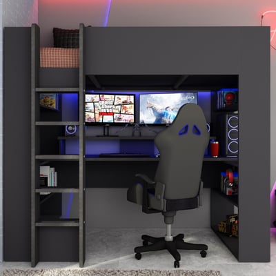 Lit mezzanine Raven 90x200 cm avec bureau et éclairage LED - gris foncé Lit mezzanine Raven 90x200 cm avec bureau et éclairage LED - gris foncé