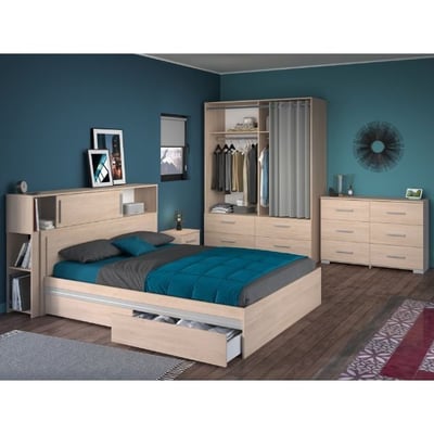 Ensemble de chambre à coucher Ekko | Lit double, tête de lit avec rangement, table de chevet, armoire, commode | Design en chêne Ensemble de chambre à coucher Ekko | Lit double, tête de lit avec rangement, table de chevet, armoire, commode | Design en chêne