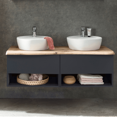 Meuble lavabo Karan 121cm avec deux bassins et 2 tiroirs - anthracite/chêne Meuble lavabo Karan 121cm avec deux bassins et 2 tiroirs - anthracite/chêne