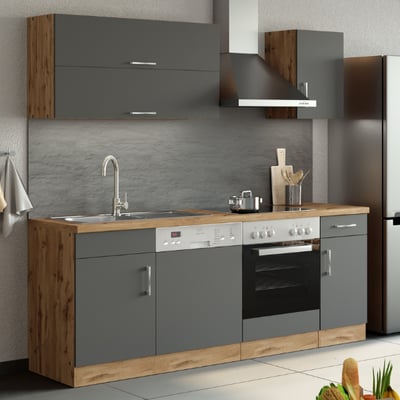 Kitchenette Sorrella 210cm avec espace pour lave-vaisselle et four - anthracite/chêne Kitchenette Sorrella 210cm avec espace pour lave-vaisselle et four - anthracite/chêne