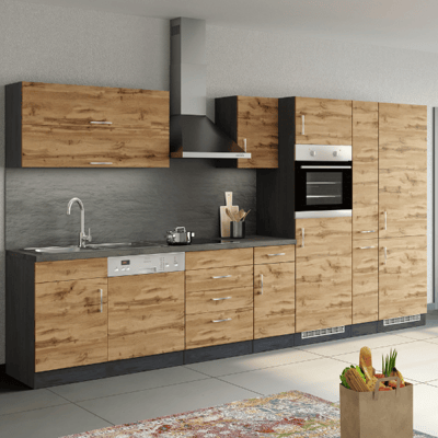 Elément de cuisine Sorrella 360cm avec espace pour lave-vaisselle, four, réfrigérateur et congélateur - chêne/graphite Elément de cuisine Sorrella 360cm avec espace pour lave-vaisselle, four, réfrigérateur et congélateur - chêne/graphite