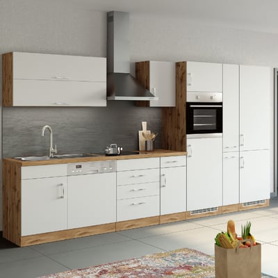 Elément de cuisine Sorrella 360cm avec lave-vaisselle, four, réfrigérateur et congélateur - blanc/chêne Elément de cuisine Sorrella 360cm avec lave-vaisselle, four, réfrigérateur et congélateur - blanc/chêne