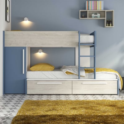 Lit superposé Fleur avec armoire et tiroirs - bleu