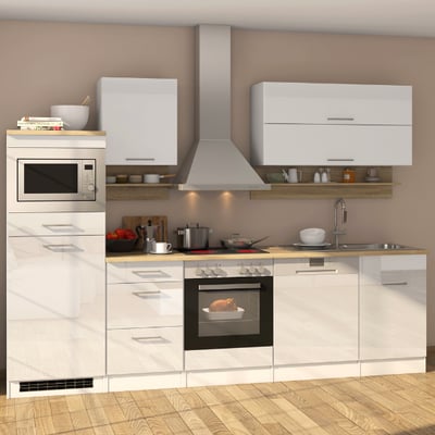 Kitchenette Ragnar 280cm avec espace pour micro-ondes, réfrigérateur, four et lave-vaisselle - blanc brillant Kitchenette Ragnar 280cm avec espace pour micro-ondes, réfrigérateur, four et lave-vaisselle - blanc brillant