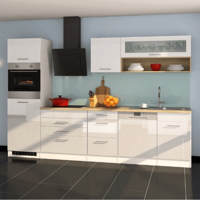 Kitchenette Ragnar 300cm avec lave-vaisselle, four et réfrigérateur - blanc brillant Kitchenette Ragnar 300cm avec lave-vaisselle, four et réfrigérateur - blanc brillant