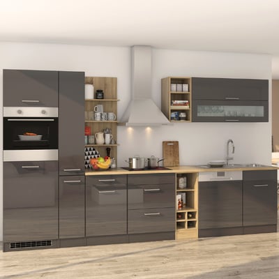 Kitchenette Ragnar 340cm avec lave-vaisselle, four et réfrigérateur - anthracite brillant Kitchenette Ragnar 340cm avec lave-vaisselle, four et réfrigérateur - anthracite brillant