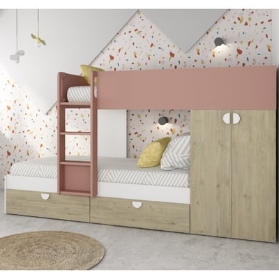 Lit superposé Jip avec armoire et tiroirs - chêne/blanc/rose foncé Lit superposé Jip avec armoire et tiroirs - chêne/blanc/rose foncé