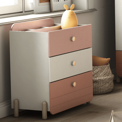 Chiffonnier Janne 3 tiroirs et 4 compartiments de rangement-rose mat/blanc mat Chiffonnier Janne 3 tiroirs et 4 compartiments de rangement-rose mat/blanc mat