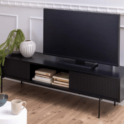 Meuble TV Angus 180cm avec deux portes coulissantes - noir Meuble TV Angus 180cm avec deux portes coulissantes - noir