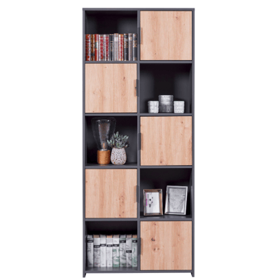 Bibliothèque Pepeto | 77 x 30 x 185 cm | Espace de rangement ouvert et fermé | Couleur : Anthracite
