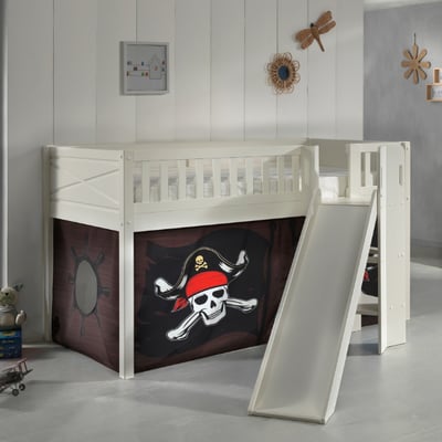 Lit mi-hauteur Scottie 90x200 cm avec toboggan et rideau pirates-blanc 