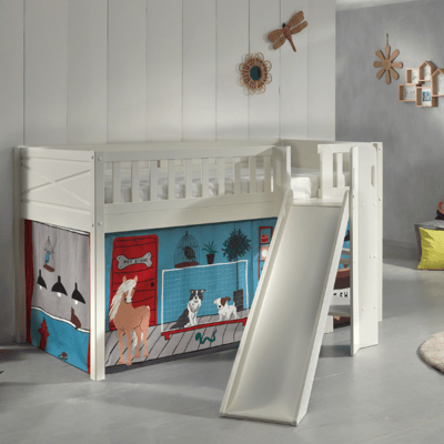 Lit mi-hauteur Scottie 90x200 cm avec toboggan et rideau animalerie-blanc Lit mi-hauteur Scottie 90x200 cm avec toboggan et rideau animalerie-blanc