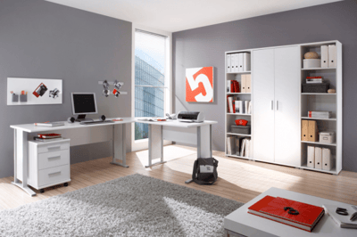 Ensemble de bureau Olaph: bureau d'angle, bloc-tiroirs, bibliothèque - blanc
