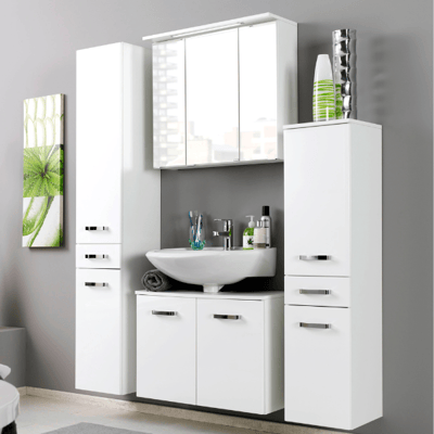 Salle de bains Bobbi: 2x armoire colonne, meuble sous-vasque, armoire de toilette - blanc brillant Salle de bains Bobbi: 2x armoire colonne, meuble sous-vasque, armoire de toilette - blanc brillant