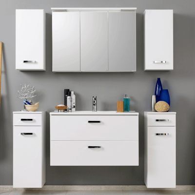 Salle de bains Bobbi: 2x armoire murale, 2x armoire basses, armoire de toilette, meuble évier - blanc brillant Salle de bains Bobbi: 2x armoire murale, 2x armoire basses, armoire de toilette, meuble évier - blanc brillant