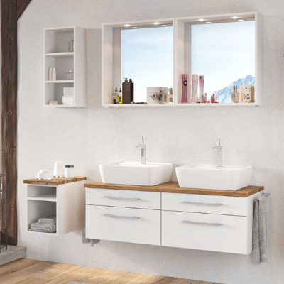 Salle de bain Dasa: étagères murales, 2x miroir, meuble évier - blanc Salle de bain Dasa: étagères murales, 2x miroir, meuble évier - blanc