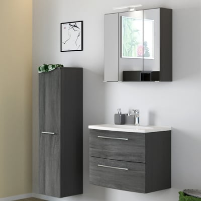 Salle de bain Gene: armoire de toilette, meuble évier, colonne - graphite/chêne gris