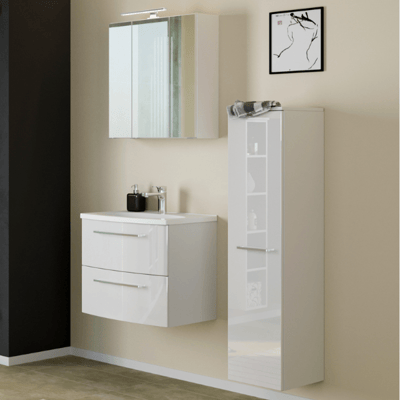 Salle de bain Gene: armoire de toilette, meuble évier, meuble colonne - blanc (brillant)