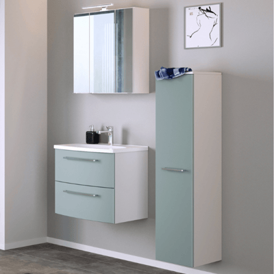 Salle de bain Gene: armoire de toilette, meuble évier, meuble colonne - blanc/vert fjord