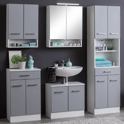Salle de bain Ricca: armoire suspendu, meuble salle de bain, armoire de toilette, meuble sous-vasque, colonne - gris